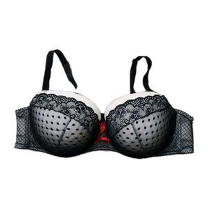 Torrid 46D Push Up Demi Bra Black Lace Polka Dot Mesh Nude Lined Lingerie